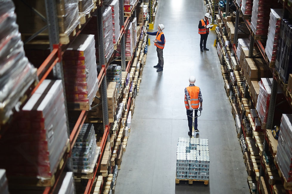 Warehouse scene with three workers in helmets and orange vests. One pushes a pallet, others inspect shelves. Tall racks filled with boxes.
