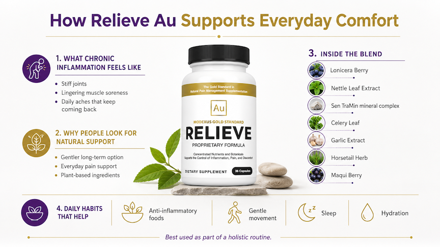 Infographic for Au Relieve supplement with bottle, leaves and stones; lists inflammation relief, ingredients, and daily habits.