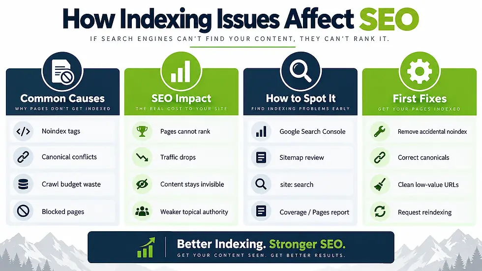 SEO infographic on indexing issues, showing causes, impact, how to spot them, and fixes in navy and green.
