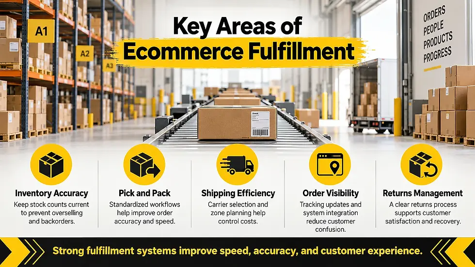 Ecommerce fulfillment infographic in a warehouse, with boxes on a conveyor and icons for inventory, shipping, tracking, and returns.