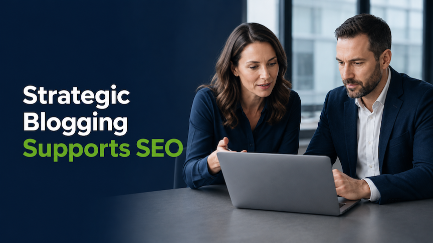 Two businesspeople review a laptop in an office; text reads Strategic Blogging Supports SEO on a navy background.