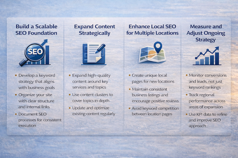 SEO strategy infographic with four sections: building a foundation, content expansion, local SEO, and strategy measurement. Blue theme.