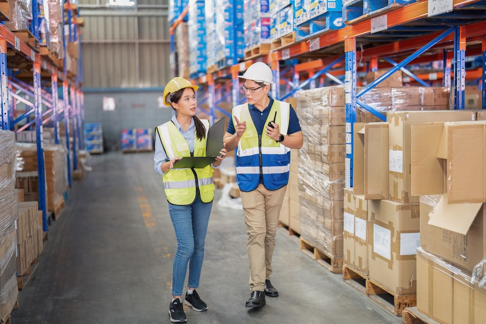 Two workers in safety gear discuss in a warehouse aisle, surrounded by boxes on shelves. The scene is bright and organized.