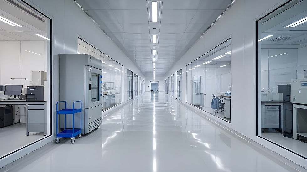 Modern laboratory hallway with glossy white floors, glass walls, and bright lighting. Empty blue cart by a door, no visible text or people.