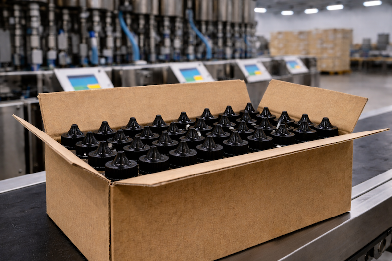 Open cardboard box with rows of black bottles on a factory conveyor. Industrial equipment in the background creates a busy atmosphere.