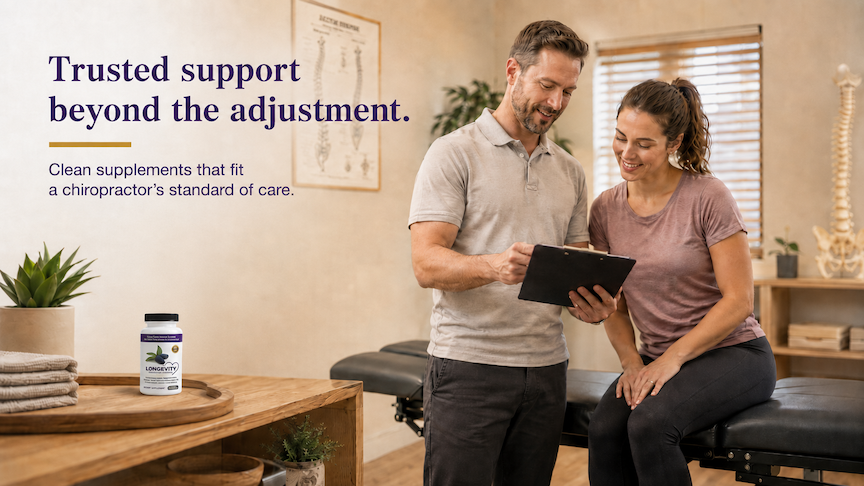 Chiropractor and smiling woman review a clipboard in a clinic; ad text reads Trusted support beyond the adjustment.