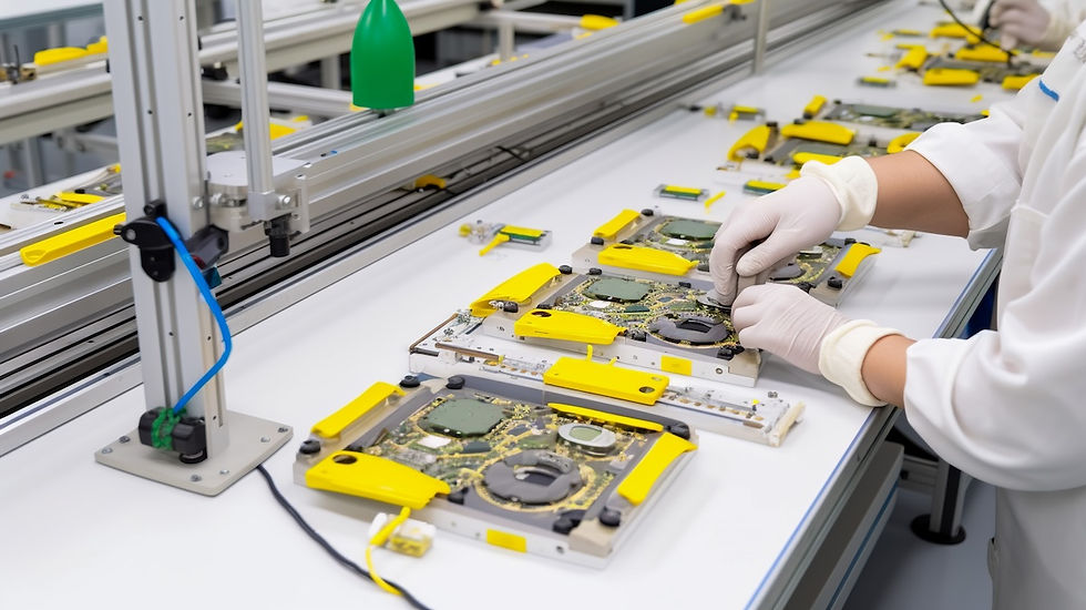 Technician in gloves assembling circuit boards on a conveyor belt in a factory. Bright yellow components and a clean, orderly setting.