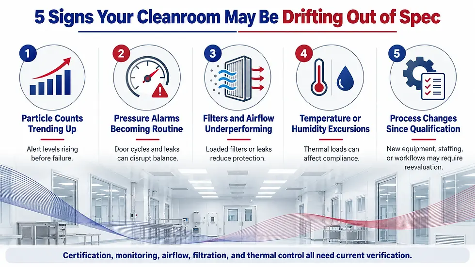 Infographic about cleanroom drift: five warning signs with icons and text over a bright cleanroom background.