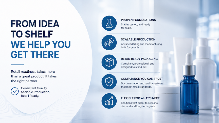 Blue-and-white ad for retail readiness, with bottles and icons. Text: From Idea to Shelf We Help You Get There.