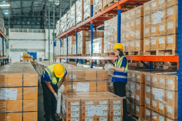 Two workers in yellow helmets and vests handle boxes in a warehouse. Shelves stocked with labeled packages in the background. Industrial setting.