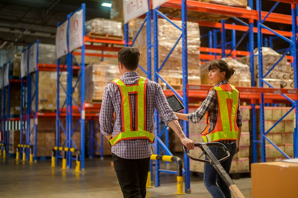 Two people in safety vests walk in a warehouse with blue and orange racks, pulling a cart. They seem focused and engaged in conversation.