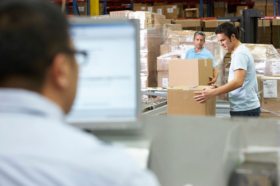 Workers in a warehouse handle boxes near a conveyor belt. A person in the foreground looks at a computer screen. Brown boxes are stacked behind.