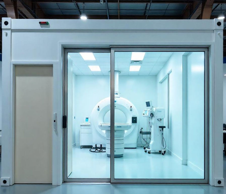 A modular cleanroom with medical equipment inside.