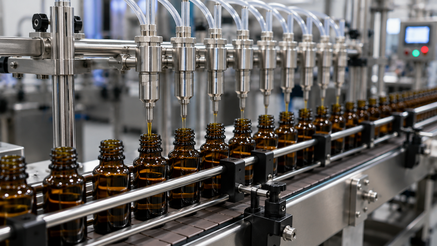 Automated filling line dispensing liquid into amber glass bottles on a stainless-steel conveyor in a bright factory.