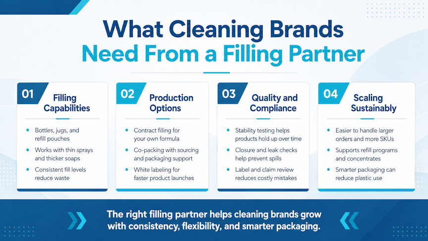 Infographic titled What Cleaning Brands Need From a Filling Partner, with four panels on capabilities, production, compliance, and scaling.