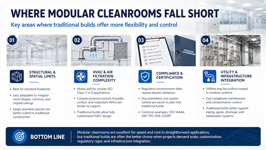 Infographic titled Where Modular Cleanrooms Fall Short, showing four panels on space limits, HVAC complexity, compliance, and utilities.