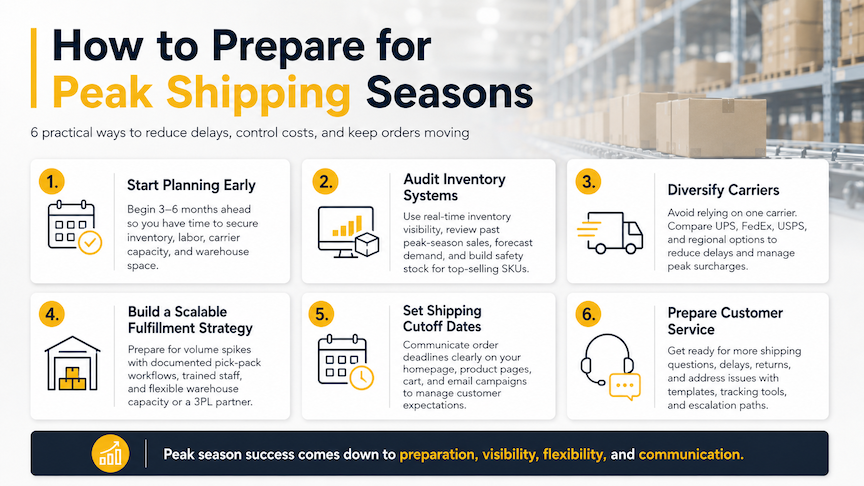 Infographic: How to Prepare for Peak Shipping Seasons, with 6 tips and warehouse boxes in background.