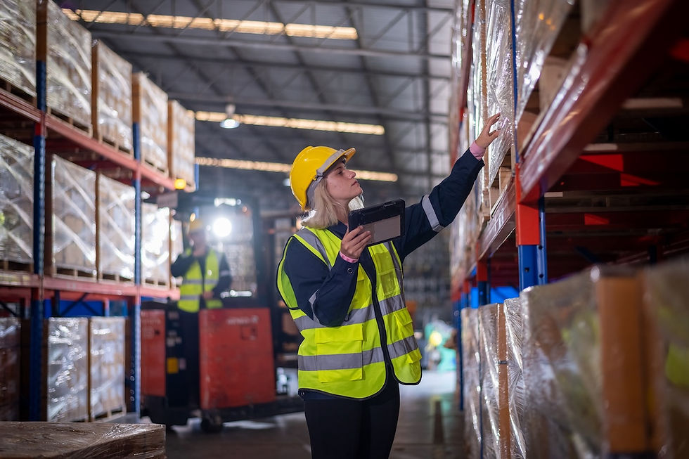 Worker in a yellow hard hat and vest inspects warehouse shelves with a tablet. Forklift in the background; industrial setting.