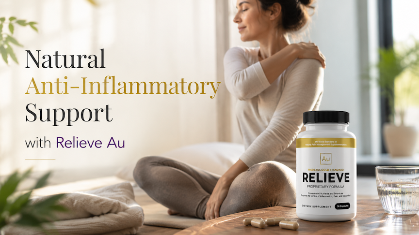 Woman stretches shoulder beside RELIEVE supplement bottle; ad text reads Natural Anti-Inflammatory Support with Relieve Au