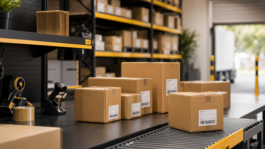Warehouse packing station with labeled cardboard boxes on a conveyor belt, shelves stocked in the background.