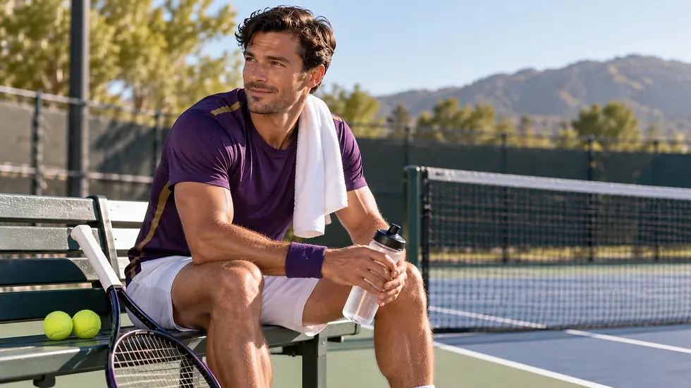 Tired tennis player in purple sits on a bench with towel and water bottle, rackets and balls beside him on a sunny court.