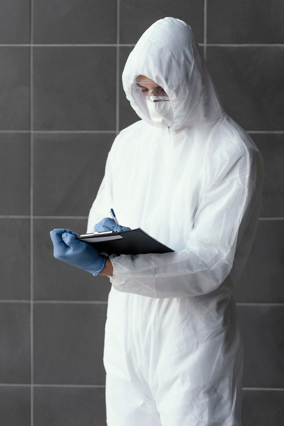 Person in white hazmat suit and blue gloves writes on clipboard. Gray tiled wall background; focused and professional atmosphere.