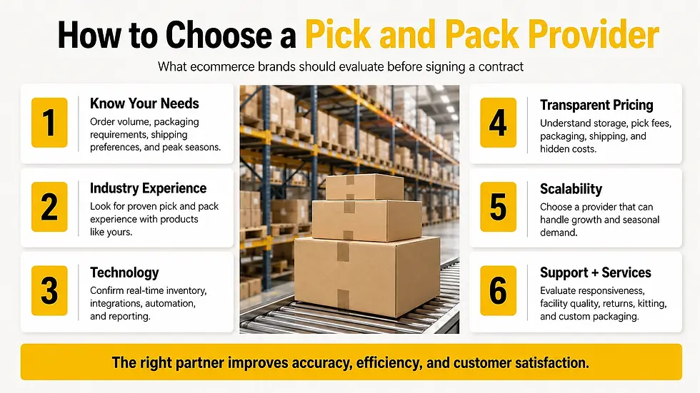 Infographic titled How to Choose a Pick and Pack Provider with stacked boxes in a warehouse and six numbered tips.