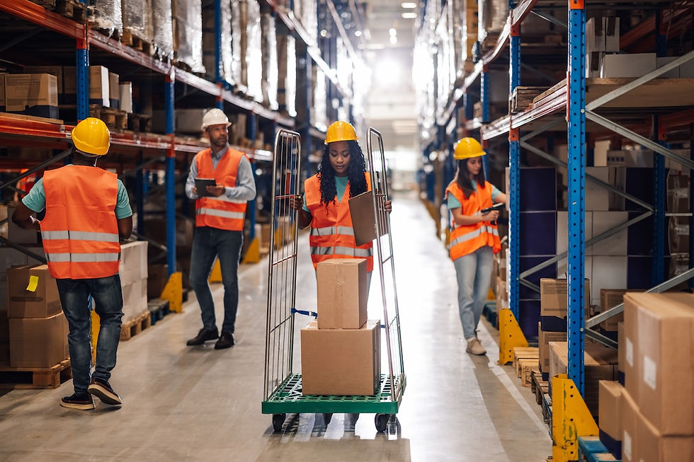 Warehouse workers in orange vests and helmets move boxes on trolleys. Shelves with boxes line the well-lit aisle, creating a busy scene.