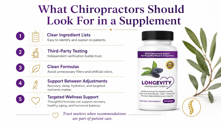 Infographic with Longevity supplement bottle and olive branch, listing 5 chiropractic supplement tips on a white background.