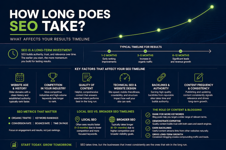 Infographic detailing SEO timelines and factors affecting results. Features text on investment, metrics, and content strategies. Green, blue, and white theme.