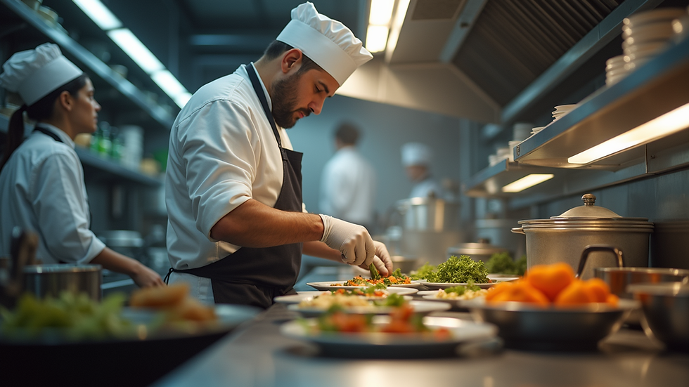 Eye-level view of a modern kitchen with a chef preparing a meal