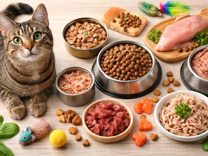 A cat sitting with different bowls of pet food
