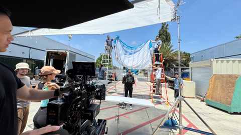 Film production on the Outdoor Patio Set at 2010 Studios, styled as a garden patio for branded content and lifestyle shoots.