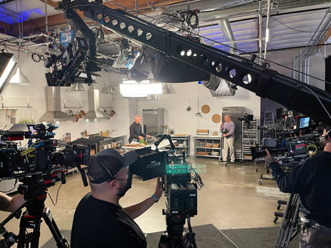 Standing Commercial Kitchen Set with 3 cooking stations at 2010 Studios LA, perfect for food photography, video shoots, and cooking shows.