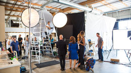 Behind the scenes in Stage One at 2010 Studios Los Angeles with crew, cameras, and lighting setup during production.