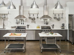 Modern commercial kitchen set at 2010 Studios in Los Angeles with multiple workstations, Viking stoves, and flexible design options for cooking shows and food shoots.