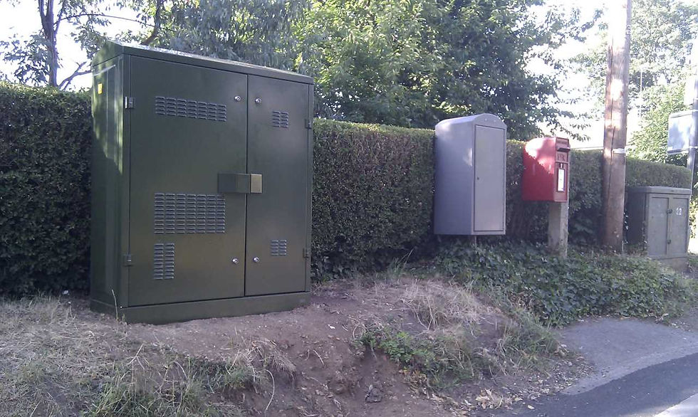 A photo of a grass verge, on top of which is a newly-built green comms cabinet housing BT's fibre to the cabinet equipment