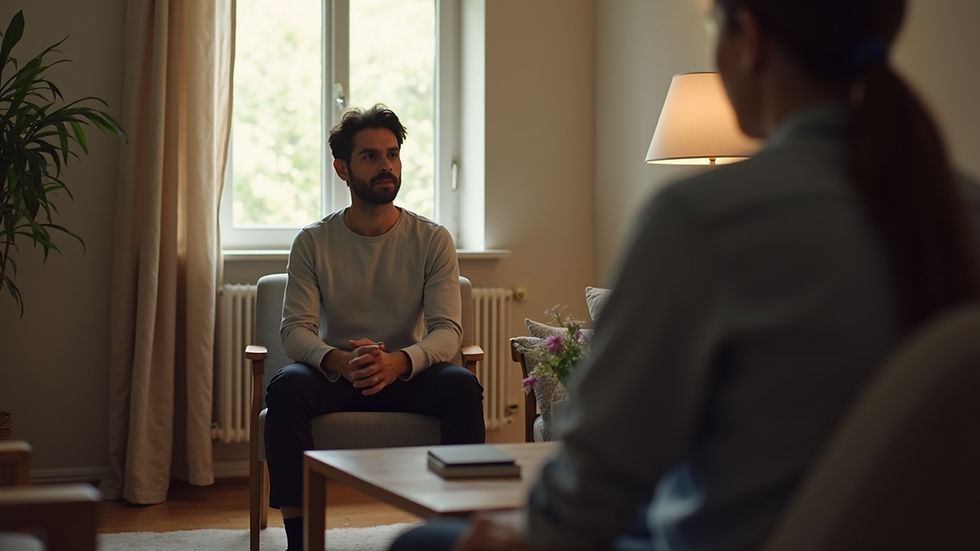 Close-up view of a person sitting in a cozy room, engaged in a counseling session