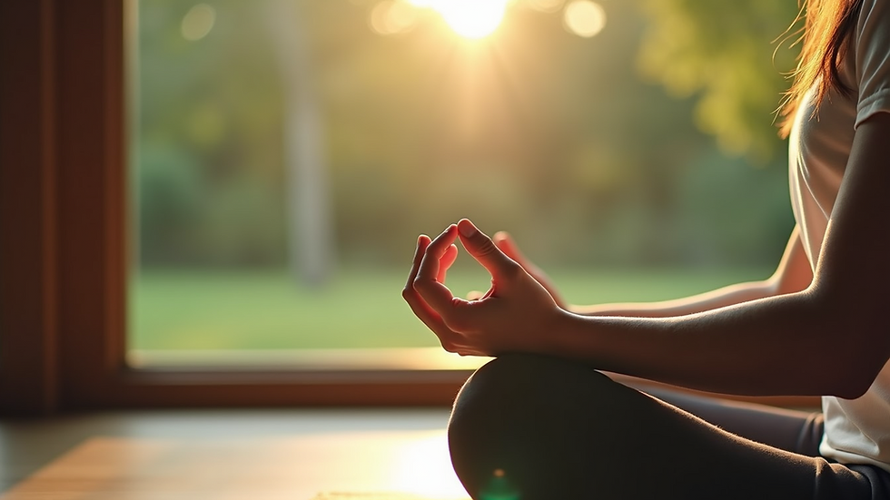 Close-up view of a person practicing mindfulness meditation in a serene environment
