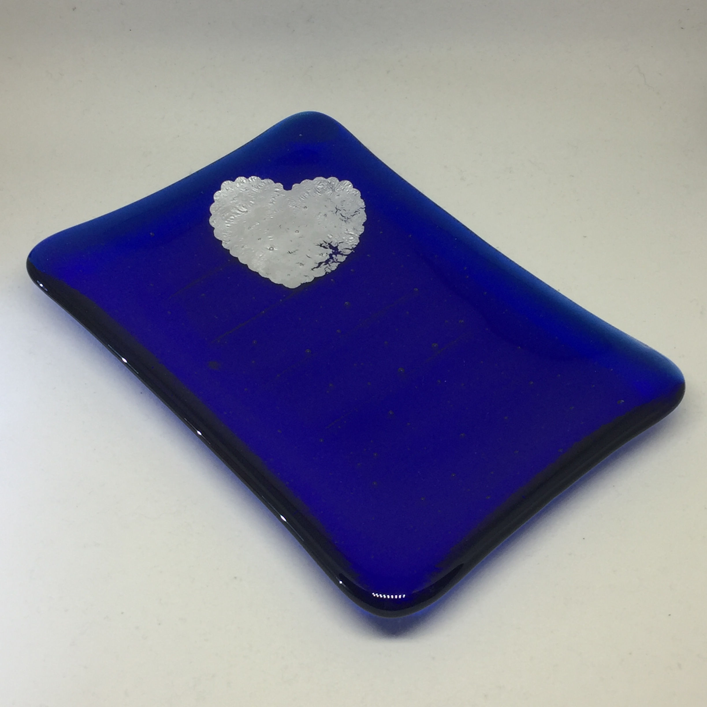 Bright blue dish with silver heart 15cm x 10cm