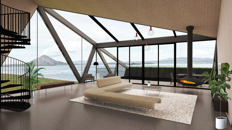 The open plan living room and glass enclosure leading onto a viewing platform gives justice to the grandeur of the conservation area landscape.