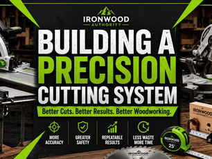Ironwood Authority hero image featuring precision woodworking tools, track saws, table saw equipment, measuring tools, and bright green design accents for a precision cutting system article.