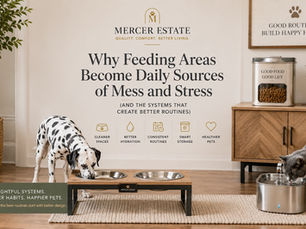 Dalmatian eating from an elevated pet feeding station while a gray cat drinks from a stainless steel water fountain in a bright, organized Mercer Estate-inspired home. Airtight pet food storage, natural wood cabinetry, indoor plants, and thoughtful feeding systems illustrate cleaner routines, better hydration, and a more functional pet-friendly living environment.