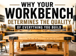 Large hardwood workbench positioned at the center of an organized workshop designed for precision, efficiency, and project quality.