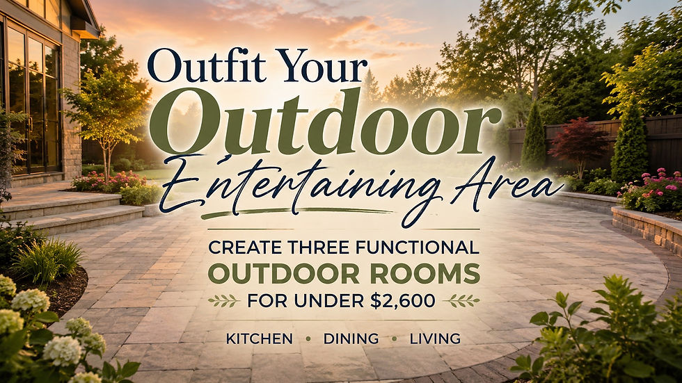 Empty landscaped backyard patio with open areas ready to become an outdoor kitchen, dining room, and living room, with the headline Outfit Your Outdoor Entertaining Area.