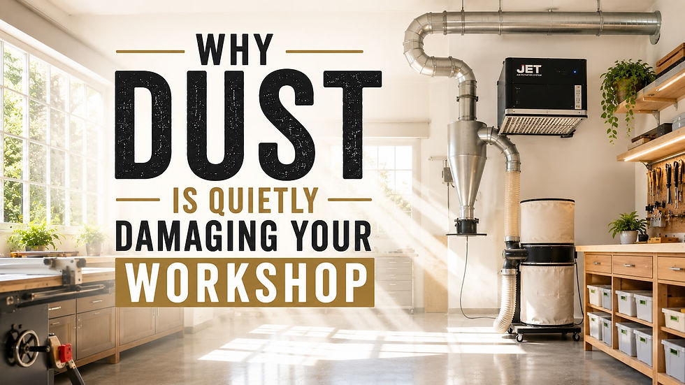 Bright organized workshop featuring dust collection and air filtration systems designed to improve cleanliness, air quality, and productivity.
