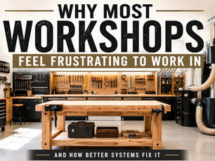 Clean organized workshop featuring a central workbench, wall storage, dust collection systems, and efficient workflow design.