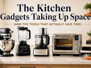 Organized modern kitchen featuring a stand mixer, blender, food processor, countertop oven, and vacuum sealer arranged as a streamlined cooking system.