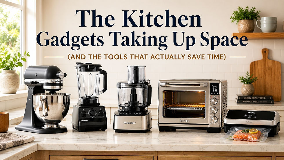 Organized modern kitchen featuring a stand mixer, blender, food processor, countertop oven, and vacuum sealer arranged as a streamlined cooking system.
