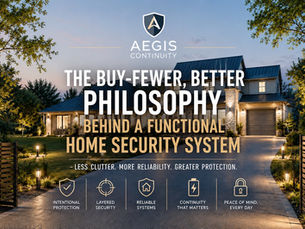 Modern home exterior with clean layered security design including subtle lighting, smart surveillance, and organized perimeter protection